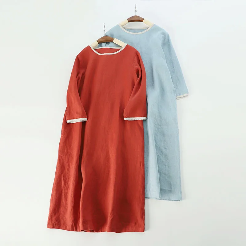

Spring Autumn Women Loose Plus Size Three Quarter Sleeves Japanese Style Comfortable 14*14 Water Washed Linen Pullover Dresses