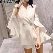 CHICATWILL 2019 NEW Designer Women Ruffles Blazers Diamond Chains Flare Sleeves OL Outerwears White