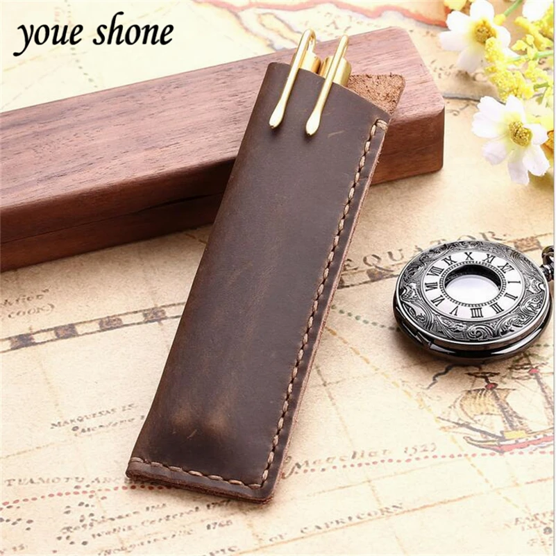 

1pcs Pen Set Vintage Hand-stitched Leather Good Texture personality Pen Bag Creative Pencil Case Pen Crazy Horse Skin YOUE SHONE