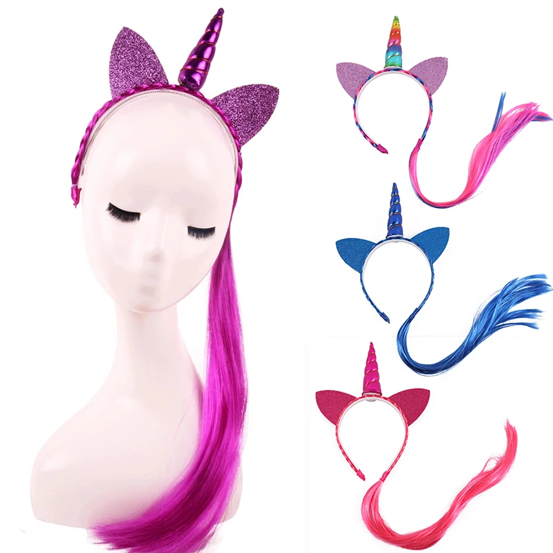 

Yundfly Rainbow Color Ponytail Unicorn Headbands Glitter Ears Kids Girls Princess Braid Wig Hairbands Hair Accessories Cute Gift