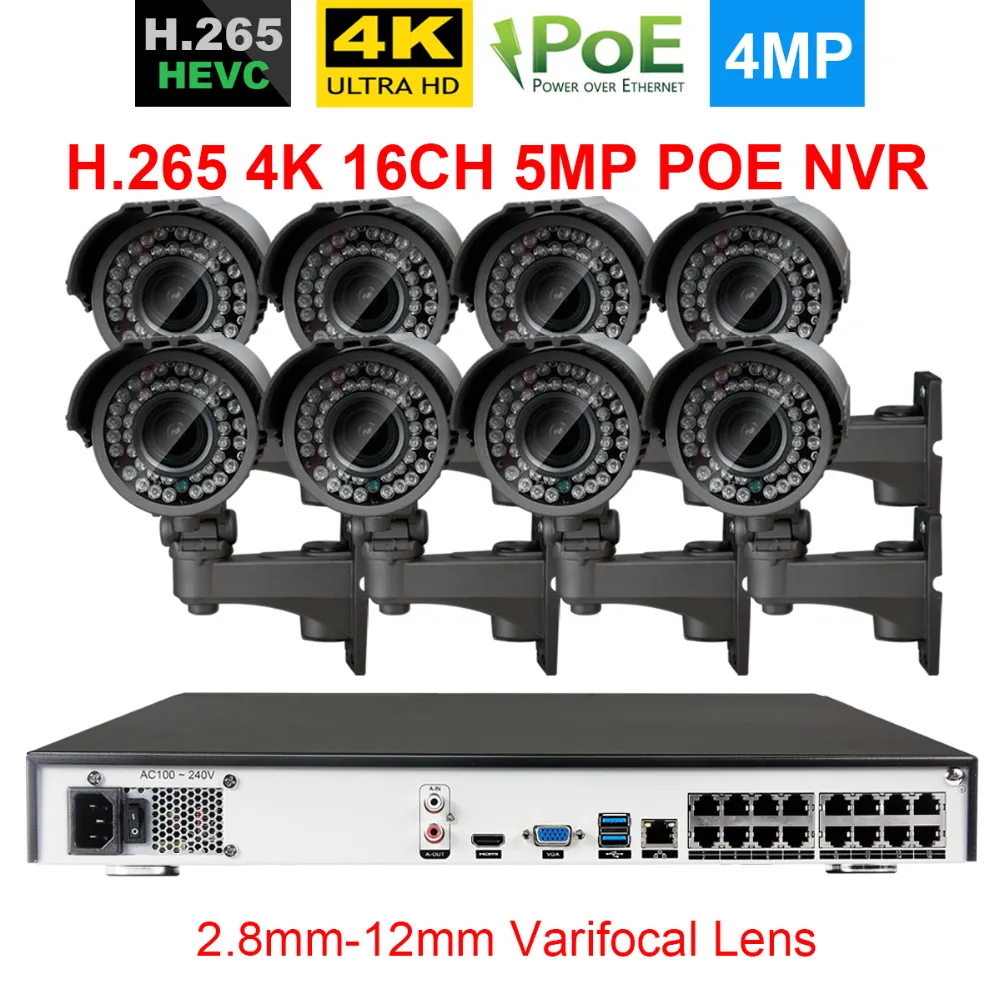 H.265 16CH 5MP CCTV NVR System 48V 4K POE 16pcs security 4MP IP Camera with 2.8-12mm Zoom lens Video Surveillance kit | Безопасность и