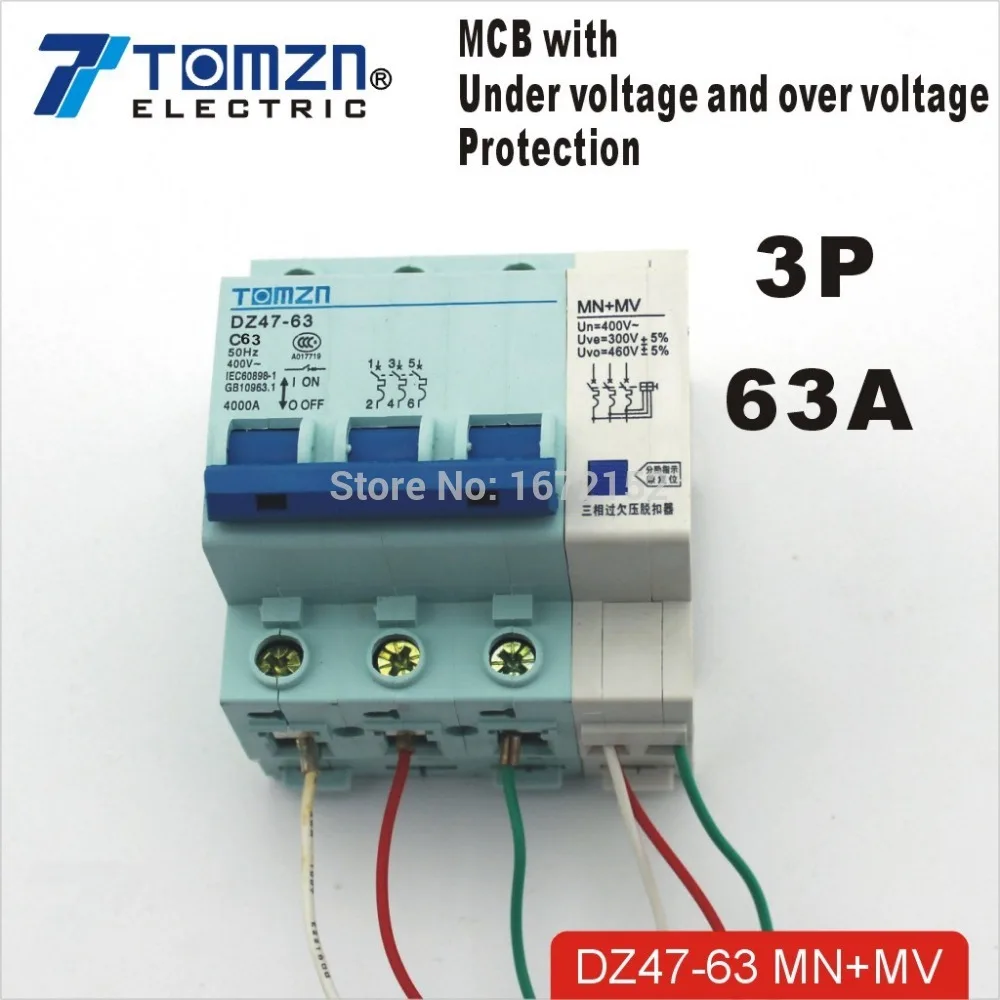 

3P 63A 400V~ 50HZ/60HZ MCB with over voltage and under voltage protection Mini Circuit breaker C45 C type