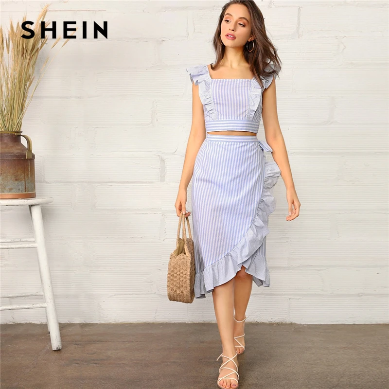 

SHEIN Boho Blue Striped Ruffle Trim Shirred Crop Cami Top and Wrap Knotted Skirt Set Women Summer 2019 Beach Style Two Piece Set