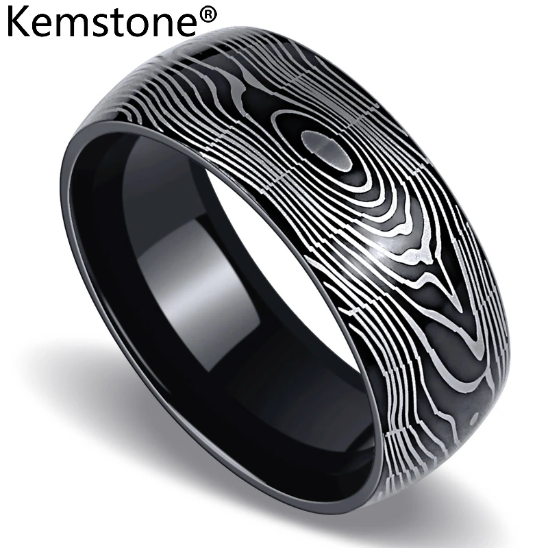 

Kemstone Stainless Steel 8MM Black Wood Grain Fashion Men Ring Jewelry Gift