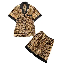 Летние женские пижамные комплекты со штанами, шелковая Домашняя одежда, атласная сексуальная пижама с леопардовым принтом, тонкая Пижама с коротким рукавом