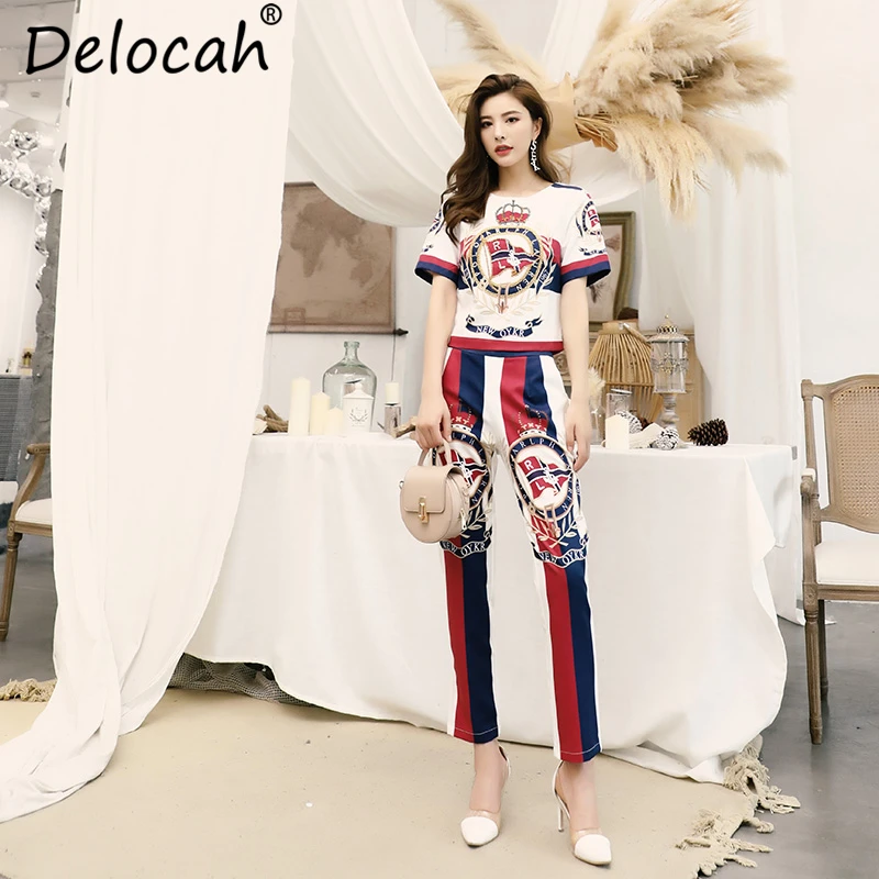 Delocah, женские летние костюмы, подиумная мода, короткий рукав, кристальная вышивка бисером, футболка+ повседневные, в полоску, с принтом, длинные штаны, комплект из 2 предметов