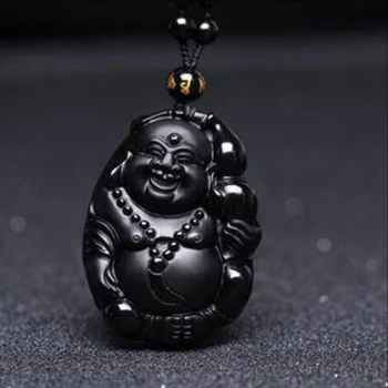 

High Quality Natural Black obsidian Carved Laughing Buddha Maitreya lucky Pendant for women men gift Fine jewelry