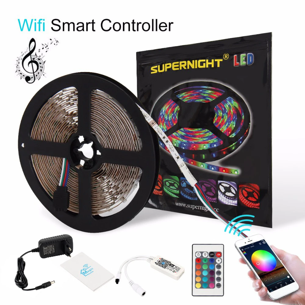 SuperNight 3528 RGB LED Strip Light Kit 5M 60LEDsm DC 12V Flexible Lamp Band with Power Adapter Smart IR Remote Wifi Controller (1)