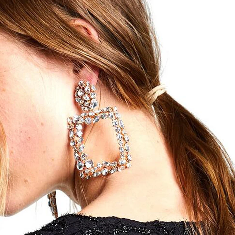 Women Square Round Crystal Rhinestone Drop Earrings AM0531