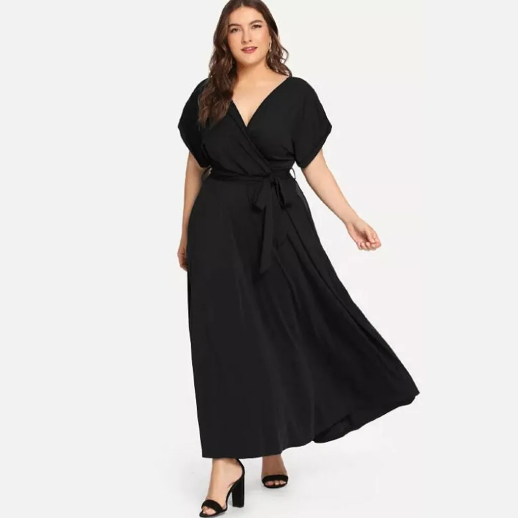 

2019 Plus Size Casual Ladies Summer Dress Women Plus Size Loose Casual Solid V Neck Short Sleeved Summer Maxi Dress