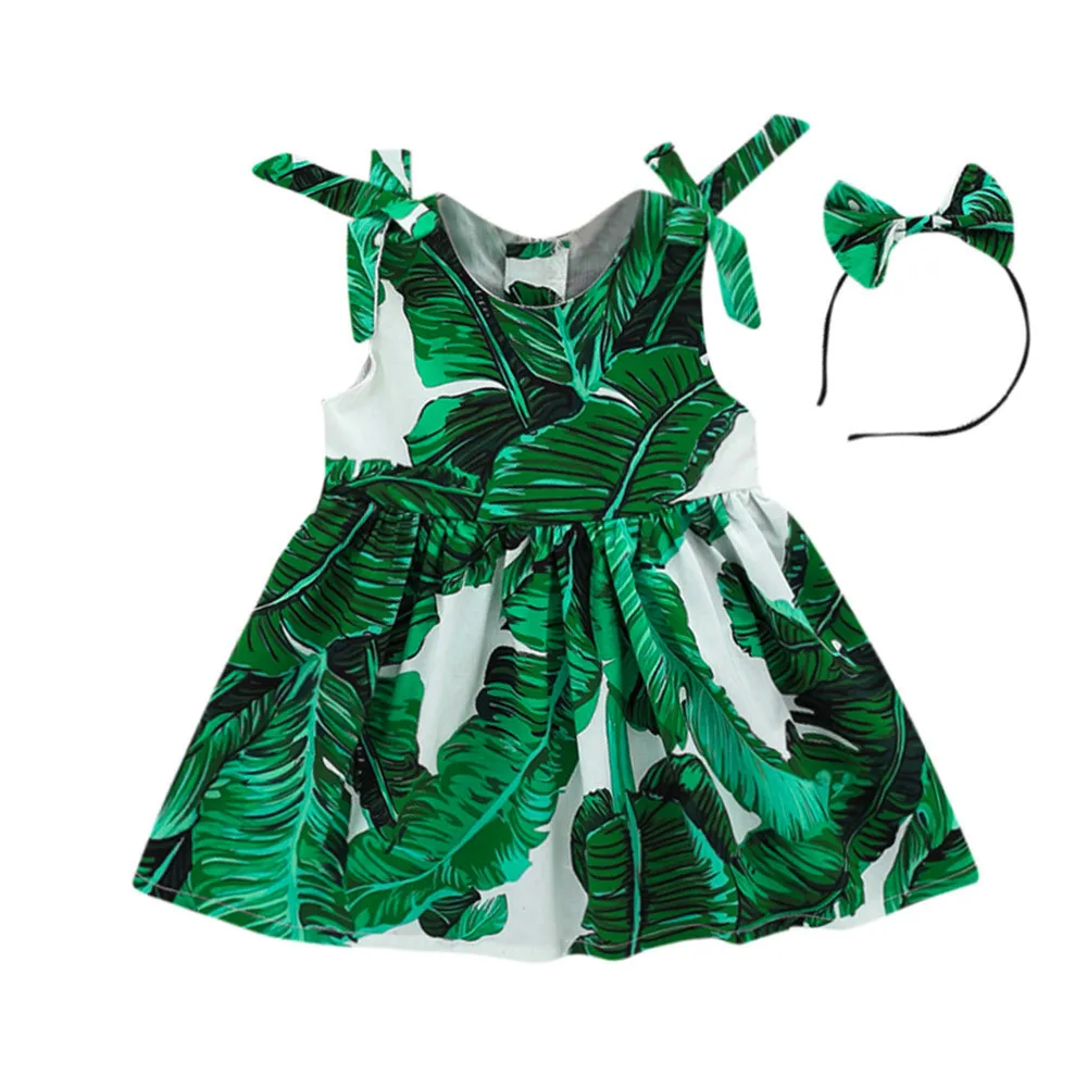 

Vest Dress Leaves Print Dress Straps Party Headband Back Zipper Green Beach Dress Toddler Baby Girls Vacation Outfits