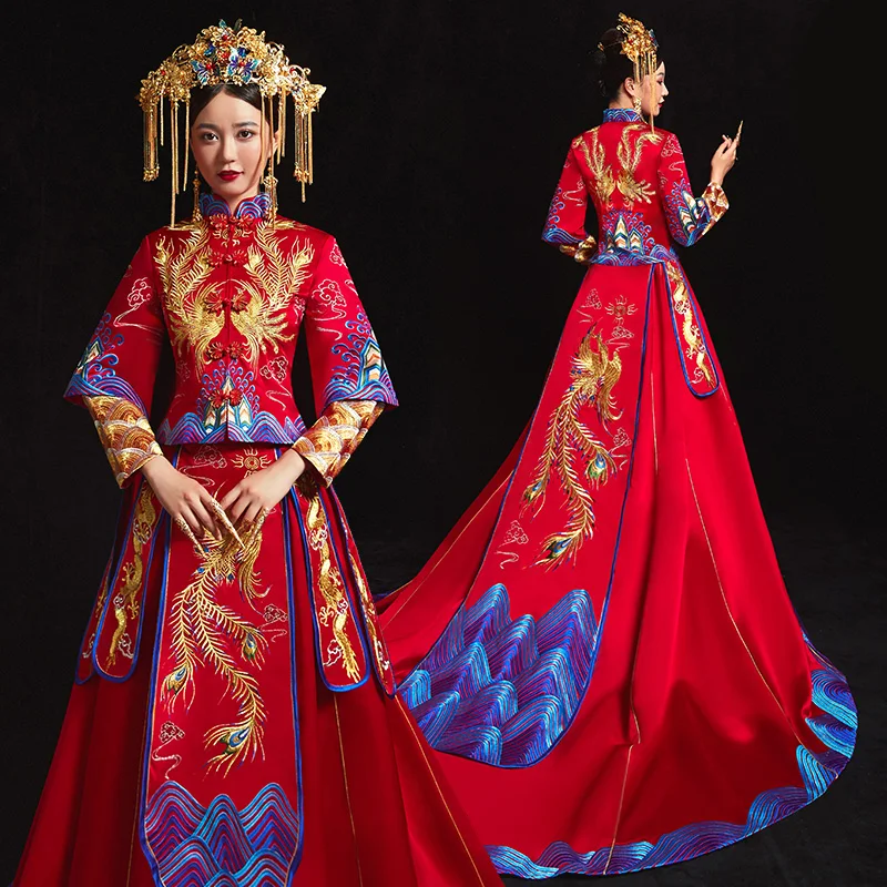 

Royal Trailing Wedding Party Bride Cheongsam Vintage Women Exquisite Embroidery Phoenix Qipao Classic Marriage Suit Tang Set