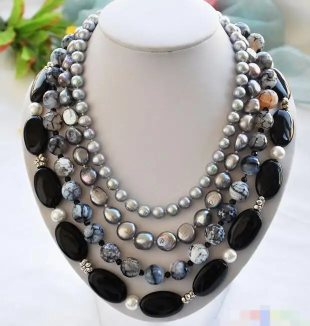 

3847 4row gray baroque pearl faceted agate necklace