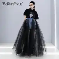 TWOTWINSYLE Denim Patchwork Mesh Skirt For Women High Waist Bodycon Sexy Long Tutu Skirts 2019 Female Summer Fashion New Clothes