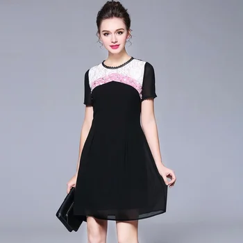

New2018Summer Fashion Ladies beaded elegant A-line dress high end lace patchwork cultivating casual vestidos Plus size M-XXXXXL
