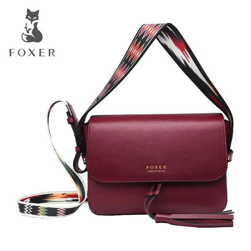 

FOXER 2019 New women Leather bag fashion red bag quality designer bag leather handbags Tassel wild women leather shoulder bag