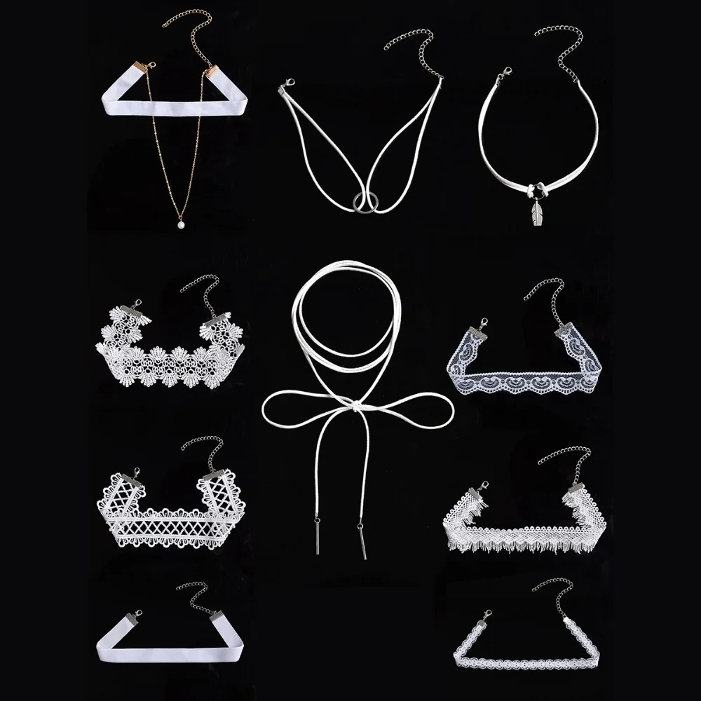 

Gothic Sexy White Lace Choker Necklace Set 10pcs/set Woman Collar Femme Jewelry Chain Necklace Accessories Sweet Girlfriend Gift