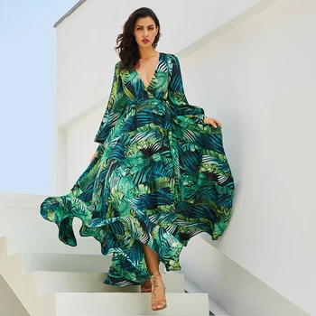 

Summer Women's New Lantern Sleeves V-neck Dress Bohemian Beach Dress Personality Green Leaf Print Dress Big Swing Dress