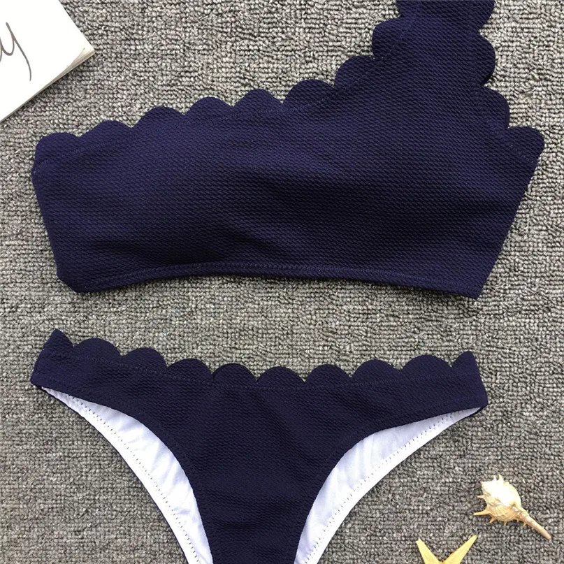 Sexy Bikinis Set Women Solid Color One Shoulder Wavy Bikini Set Swimwear Beach Swimsuit for Vacation #2d06 (8)