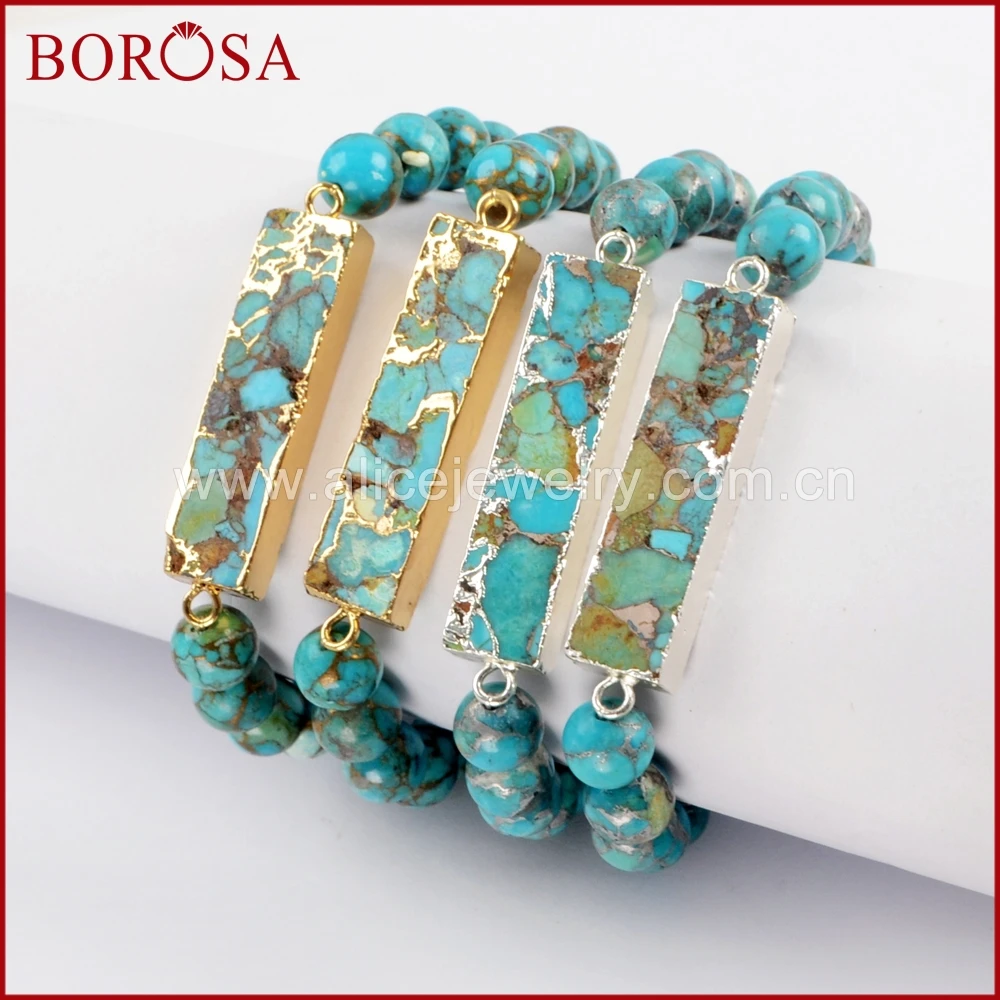 

BOROSA 4PCS Gold Color Rectangle Copper Turquoises With 8mm Beads Bracelet Jewelry,Fashion Natural Blue Stone Bangle G1651 S1651