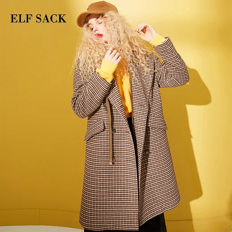 ELF SACK Winter New Woman Wool Coat Plaid Full Turn-down Collar Female Wide-waisted Jackets Casual Vintage Femme Wool Jacket