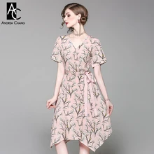 spring summer runway designer women dress white flower green leaf print pin sky blue dress waist bow v-neck knee length dress