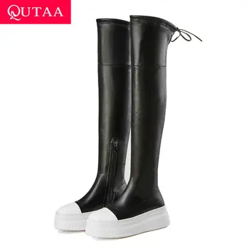 

QUTAA 2020 Platform Round Toe Over The Knee Boots Flock PU Leather Shoes Mixed Color Zipper Lace Up Winter Women Boots Size34-39
