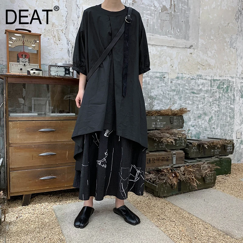

[DEAT] 2019 New Spring Summer Round Neck Three-quarter Sleeve White Back Long Loose Big Size T-shirt Women Fashion Tide JU49