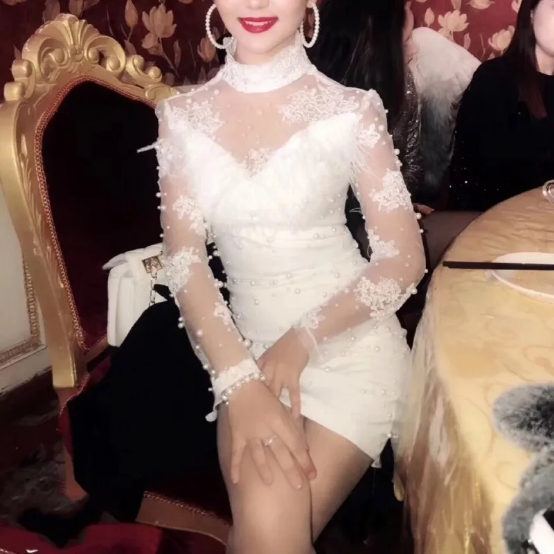 Vestidos De Fiesta De Noche банкетные элегантные женские вечерние платья с жемчугом и бусинами, сексуальное белое кружевное платье с высоким воротом