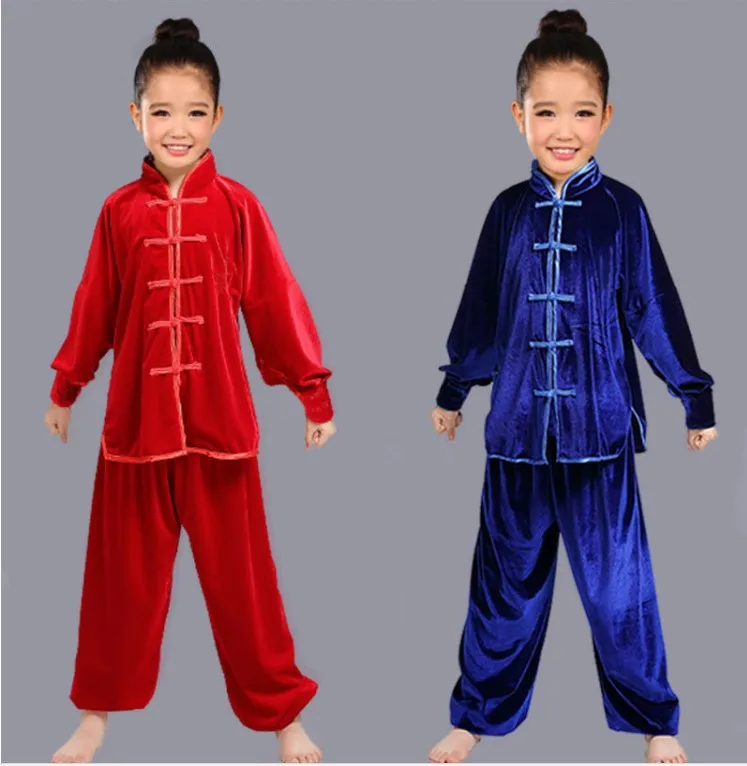 Children boy girl velvet thick Chinese traditional Wushu Costume Kimono clothing Kung Fu Suit Tai Chi Martial Art Uniform