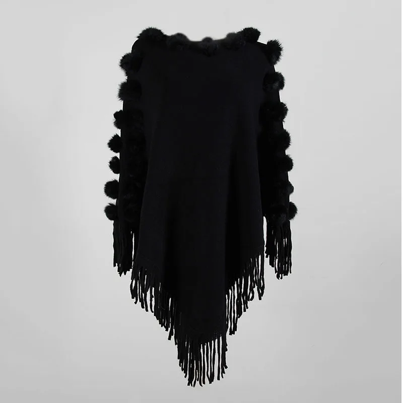 Fringed Cloak Shawl Hair Ball Pullover Knitted Sweaters Women Casual Streetwear Fringed Cloak Shawl Sweater Ladies Sweater - Цвет: Black