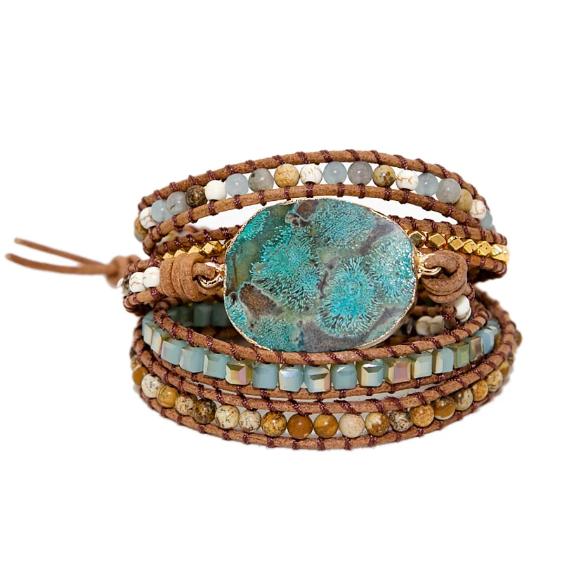 

Unique Mixed Natural Stones Gilded Stone Charm 5 Strands Wrap Bracelets Handmade Boho Bracelet Women Leather Bracelet