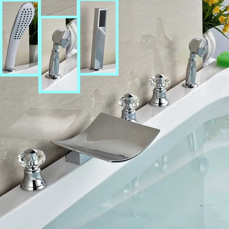 

Polished Chrome 3-style Waterfall 5pcs Tub Mixer Faucet Set Deck Mount Widespread Bathtub Filler