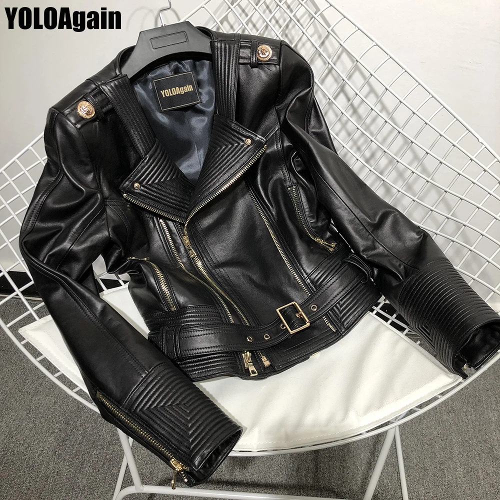 

YOLOAgain Women genuine leather jacket ladies high street double zipper real leather jacket with belt