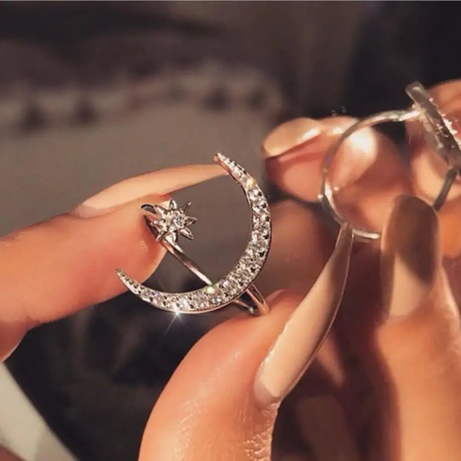 

New Cool Gift CZ Zircon Star Moon Ring 2019 Fashion Statement Geometric Gold Silver Rose Gold Charm women Ring Jewelry drop ship