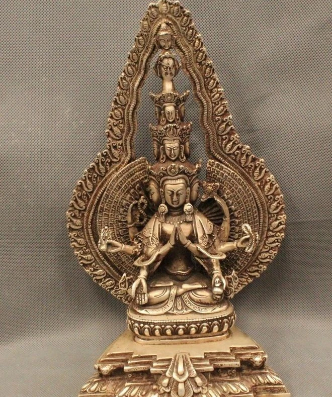 

13" Tibet Buddhism Folk Silver Sit 1000 Arms Avalokiteshvara of Goddess Statue