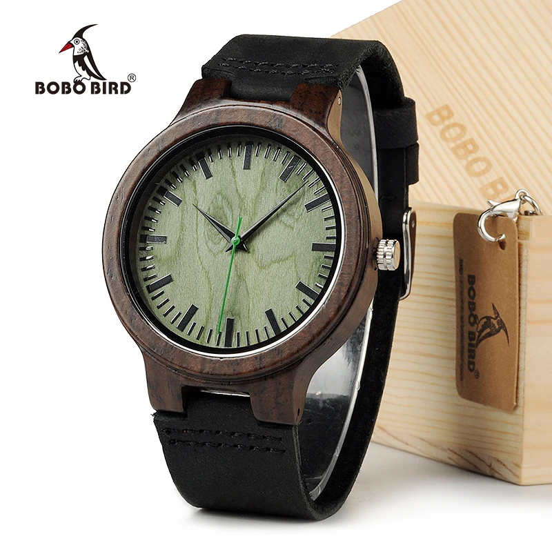 BOBO BIRD C25 Vintage Ebony Wood Men Watch With Green Wood Dial With Real Leather Strap as Gift In Gift Box