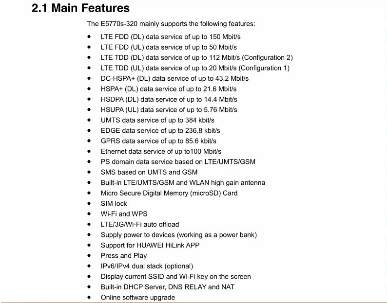 Huawei E5770 Мобильный Wi-Fi маршрутизатор с RJ45 4 аппарат не привязан к оператору сотовой связи FDD800/850/900/1800/2100/2600 МГц DC-HSPA+ 850/900/1900/2100 МГц