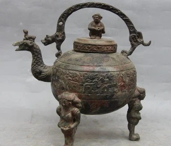 

13 China Dynasty Bronze Copper Dragon Monkey kettle Bottle Jar Crock Wine Pot