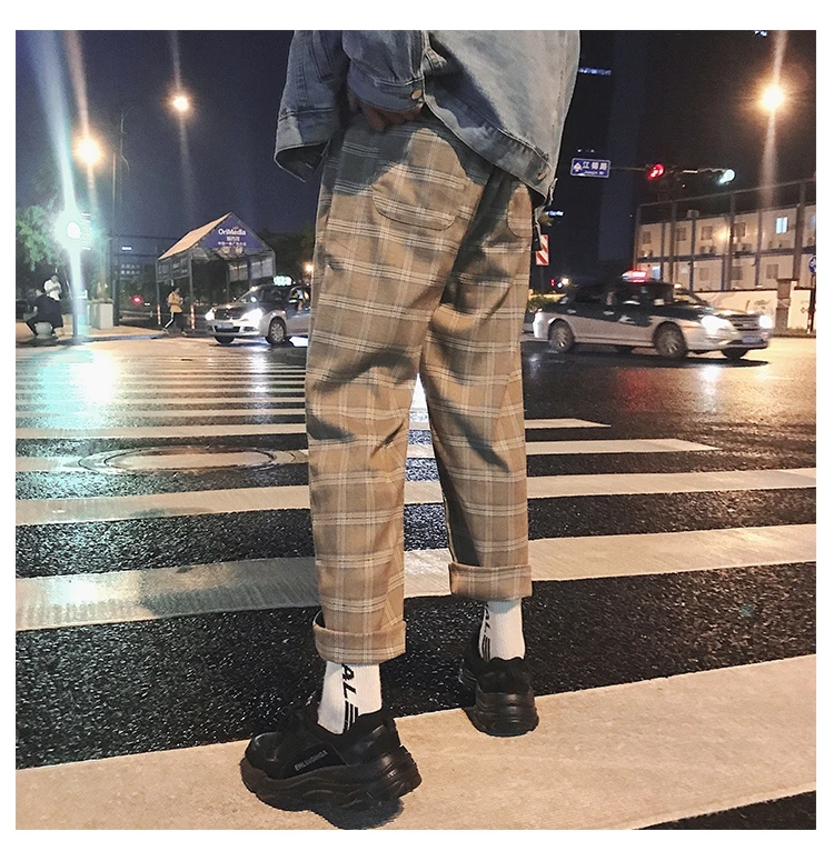 Мужские трусы с квадтратным принтом в Корейском стиле, хлопковые повседневные Широкие штаны-шаровары, брюки для активного отдыха, эластичные штаны для бега в стиле хип-хоп, спортивные штаны