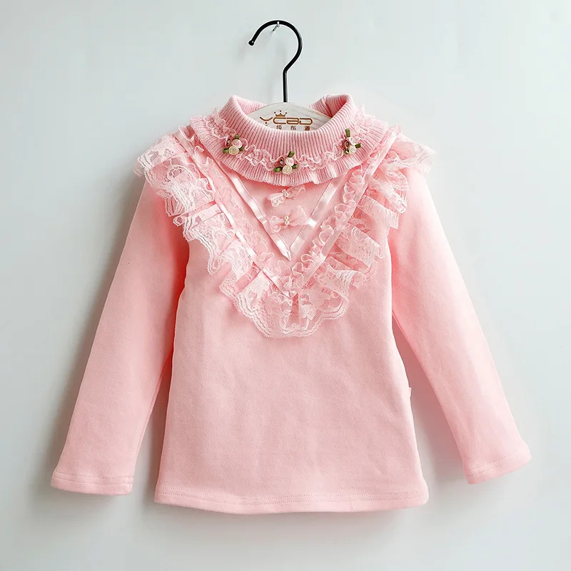 Школьная блузка для девочек термобелье для детей, Осень-зима, с длинными рукавами, вельвет, хлопок, кружевное От 3 до 10 лет принцессы - Цвет: Розовый