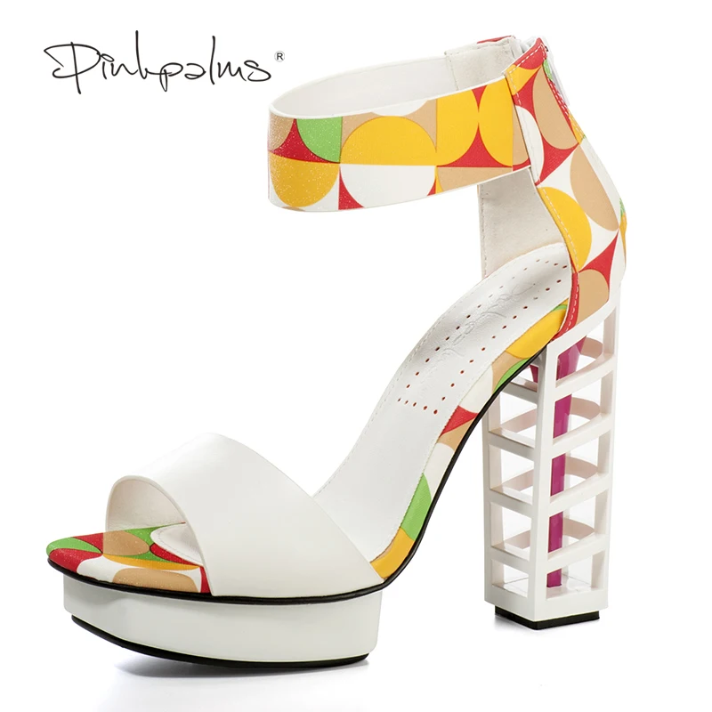 Pink Palms 2017 Women Summer Shoes White Birdcage Heels 4 5 Inch High Heels Metalic Wedges