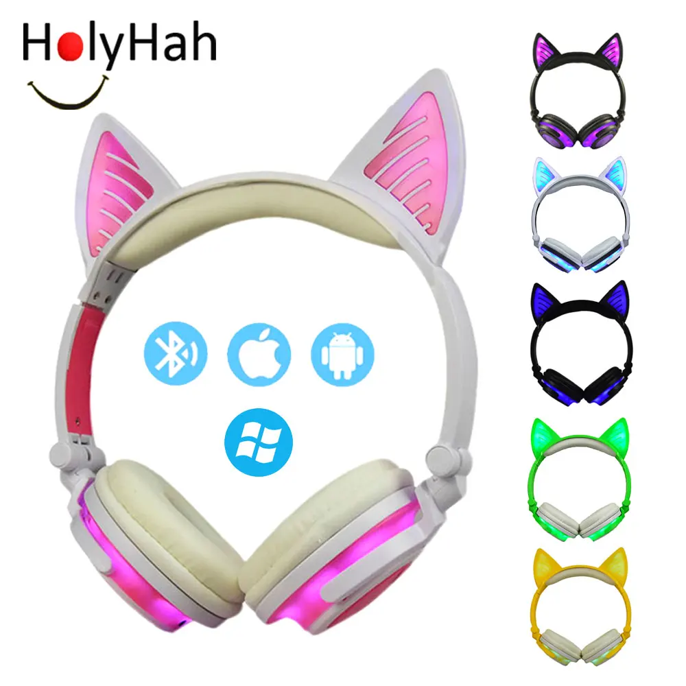 Kids Headphone LED Headphone Cat Ear Girl Headset Cute Candy Color Foldable Wireless Bluetooth Wired Flashing for Gaming