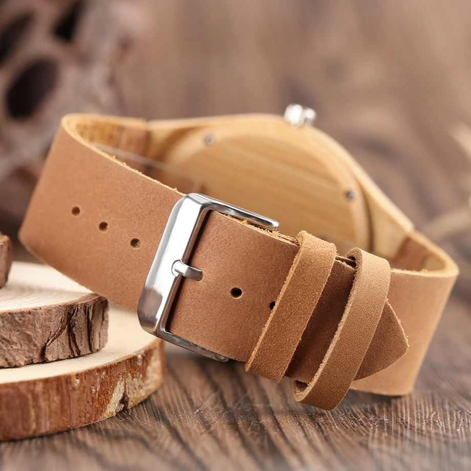YISUYA Men's Watch Nature Wood Bamboo Watch Handmade Timber Clock Casual Sport Quartz Wrist Watch Genuine Leather Band Strap  (1)