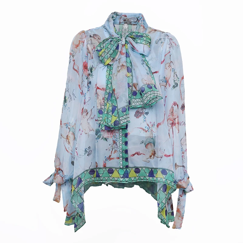 Prix Vente chaude D été Femmes Imprimer Plage Blouse Unique Ange Imprimé Lanterne Manches Arc Lâche Mousseline de Soie Chemise Piste Chemises Tops