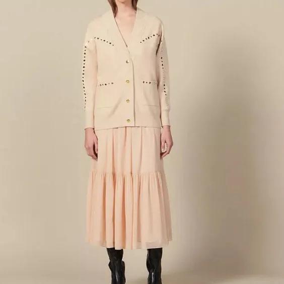 

Viscose Blend Ladies V Neckline Knitting Cardigan With Metal Decorative Hole