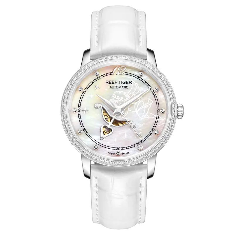 Reef Tiger/RT дизайнерские модные женские часы Reloj Mujer MOP Dial бриллианты Автоматическая телячья кожа водонепроницаемые часы RGA1550 - Цвет: 2