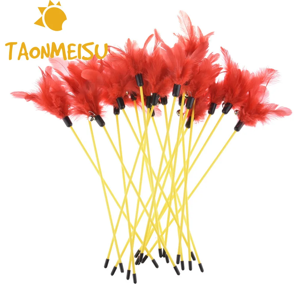 

20 PCS Cat Kitty Feather Toys Cat Teasers Kitten Teaser Interactive Toy Rod with red Feather Funny Playing Cat Toys 33cm