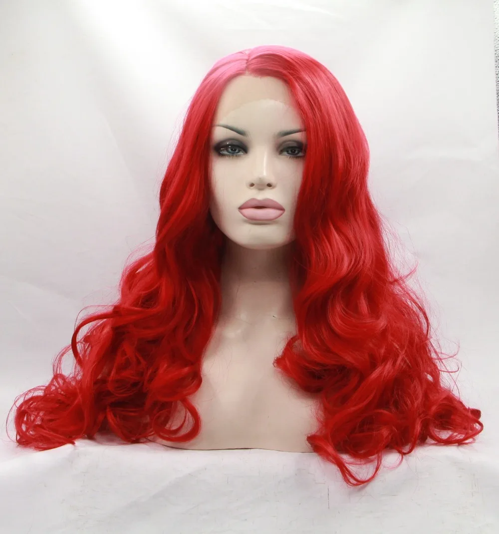 Sexy cheap style hair lace front wig red long curly wavy synthetic heat