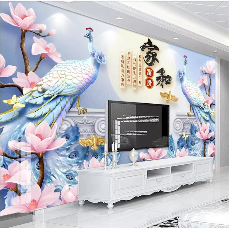 

beibehang Home and rich 3D embossed peacock magnolia TV background wall custom large mural wallpaper papel de parede para quarto